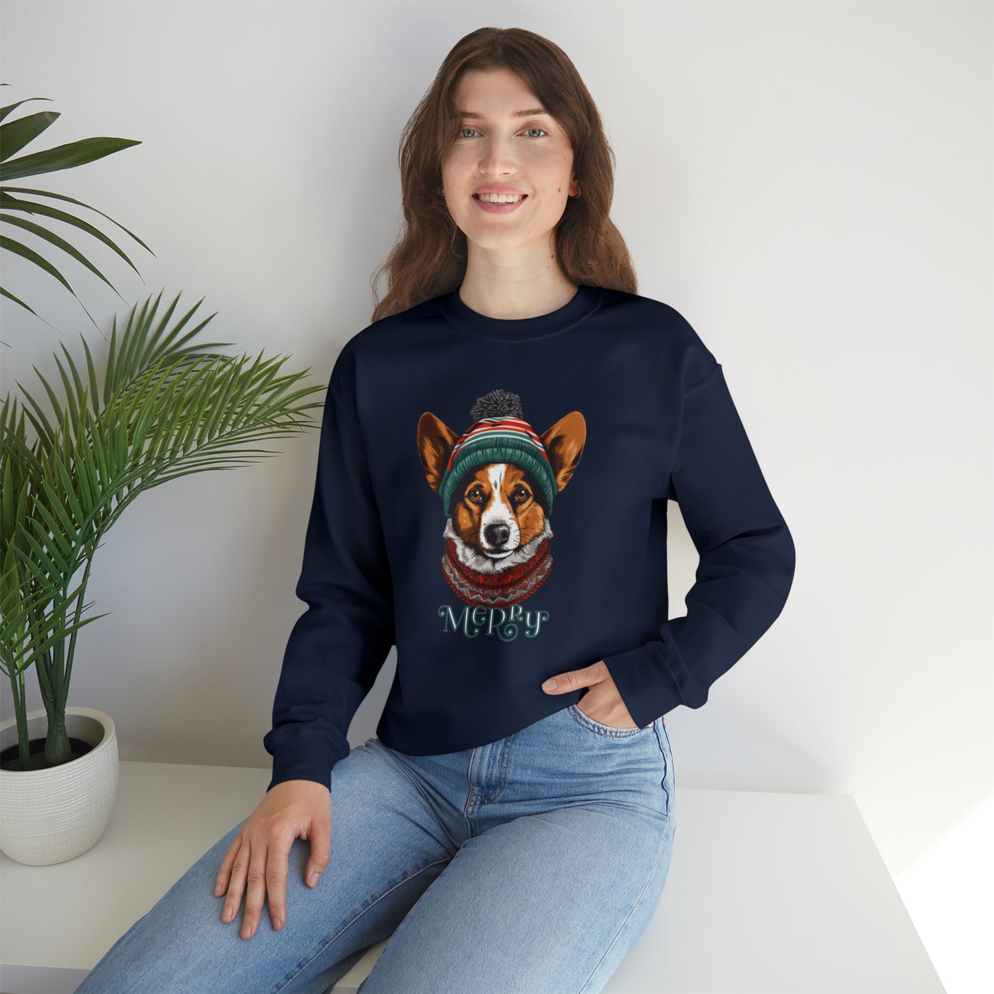 Merry Corgi in Hat & Scarf Unisex Heavy Blend™ Crewneck Sweatshirt