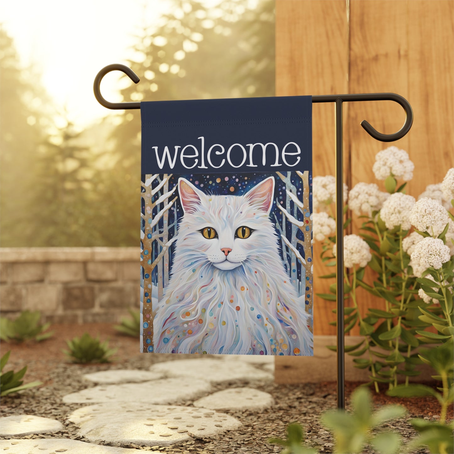 Snowy Cat Welcome 2-Sided Garden & House Flag/Banner