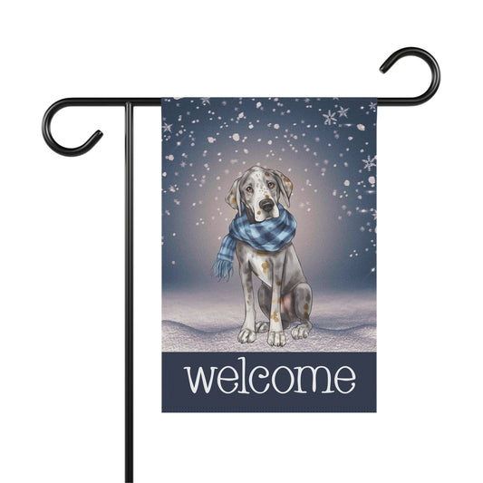 Snowy Welcome Great Dane in Scarf 2-Sided Garden & House Flag/Banner