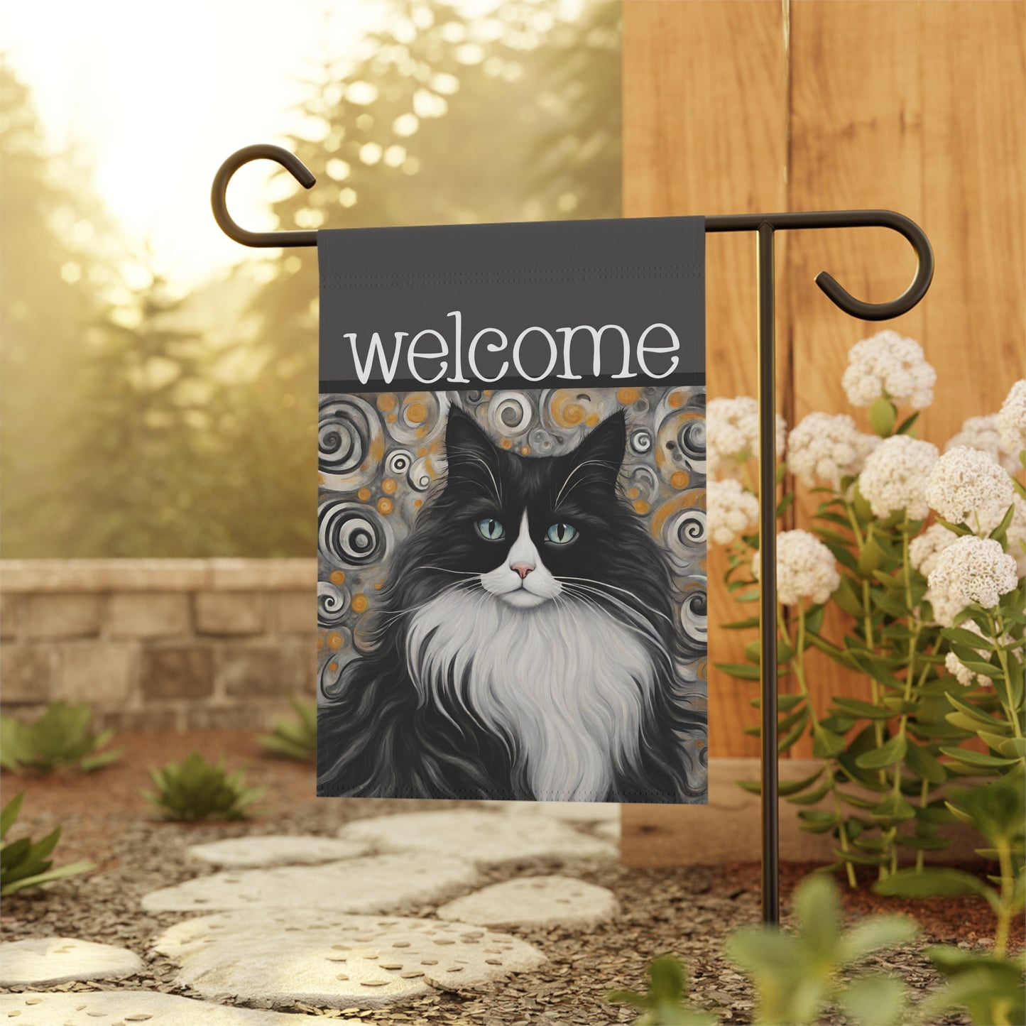 Phyllis Black & White Cat Welcome 2-Sided Garden & House Flag/Banner