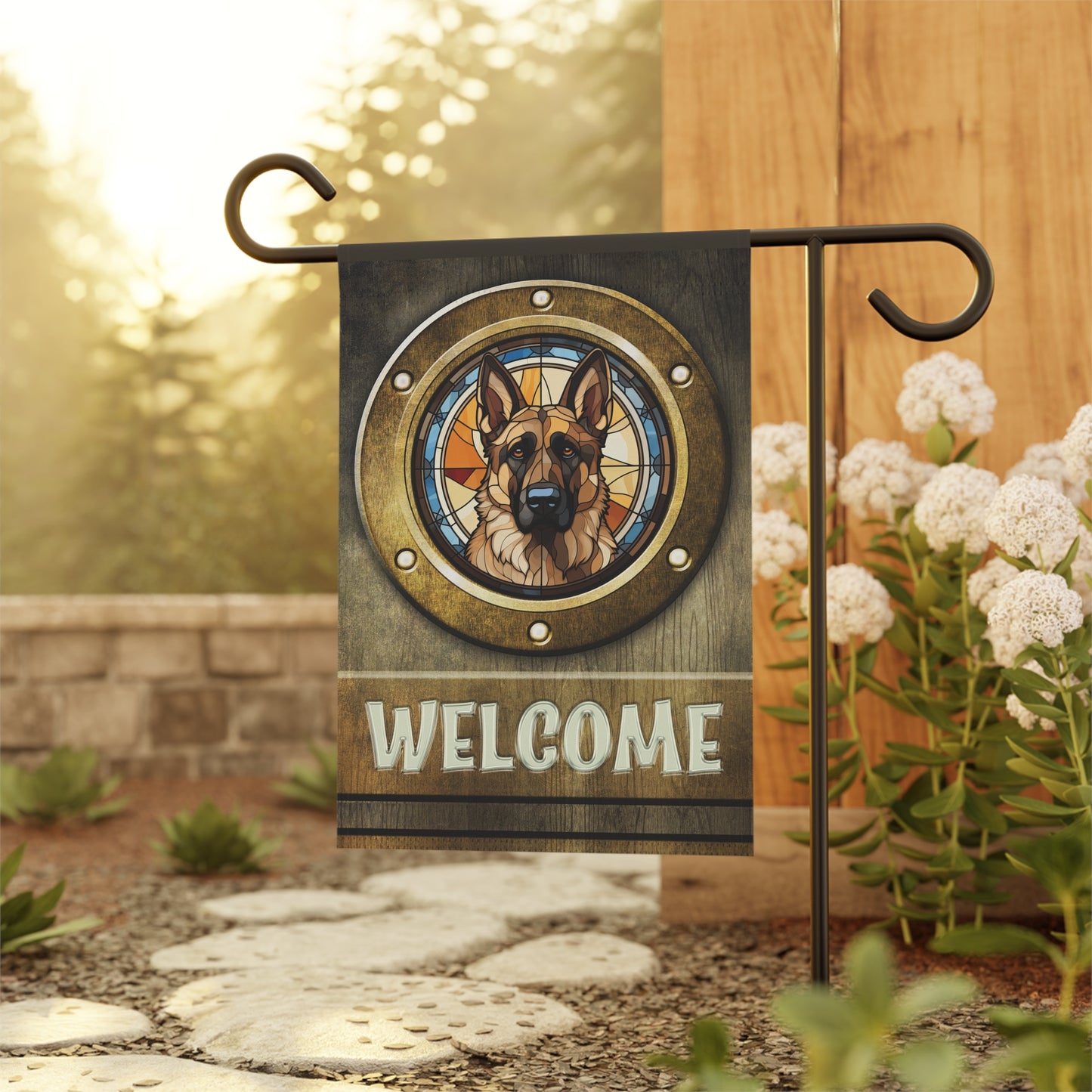German Shepherd in Port Hole Welcome 2-Sided Garden & House Flag/Banner
