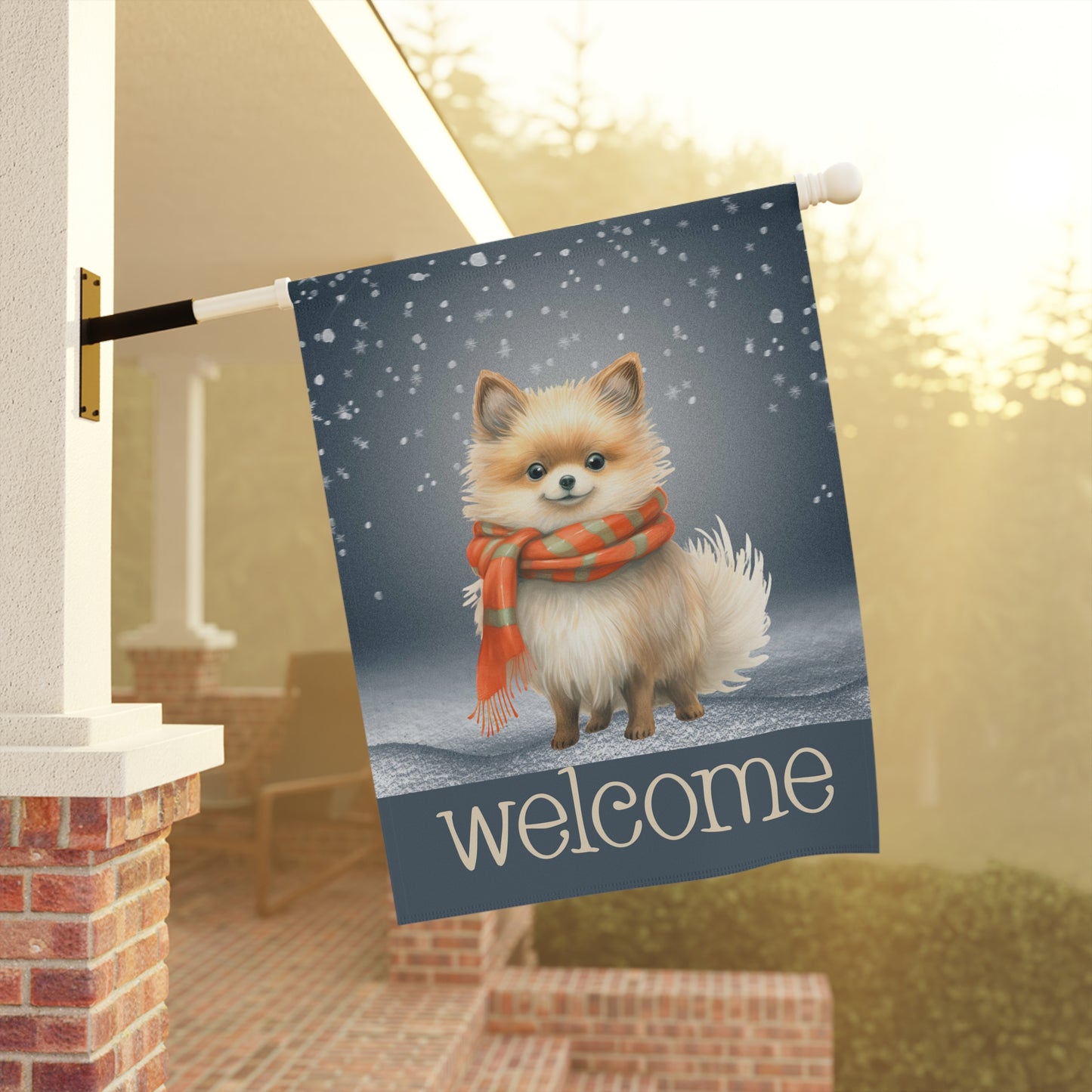 Snowy Welcome Pomeranian in Scarf 2-Sided Garden & House Flag/Banner