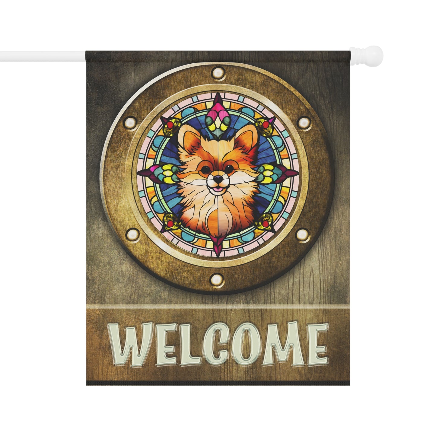 Pomeranian in Port Hole Welcome 2-Sided Garden & House Flag/Banner