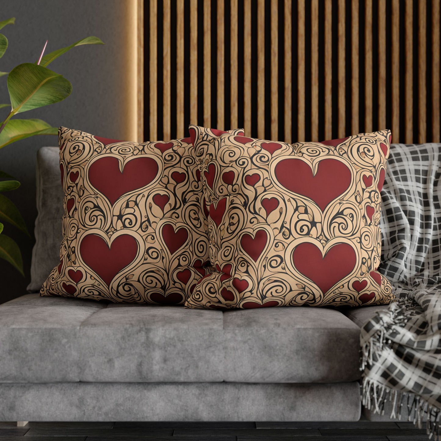 Hearts on Khaki Square Poly Canvas Pillowcase