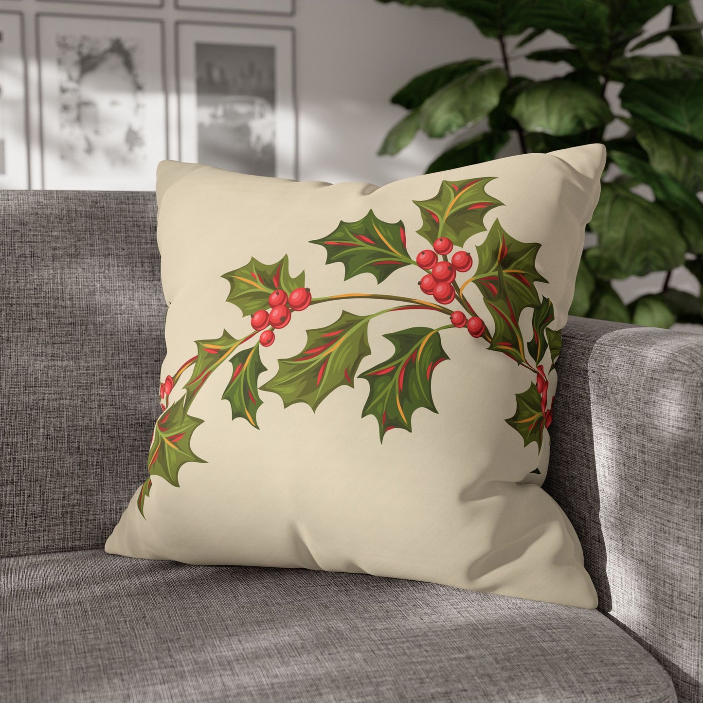 Holly Vine Holiday Square Poly Canvas Pillowcase