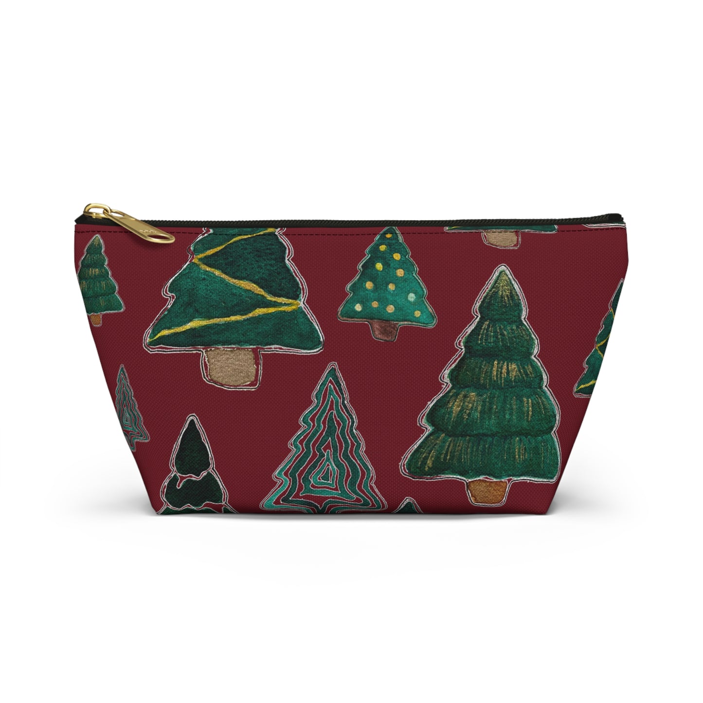 Christmas Tree Cutouts on Maroon Accessory Pouch w T-bottom