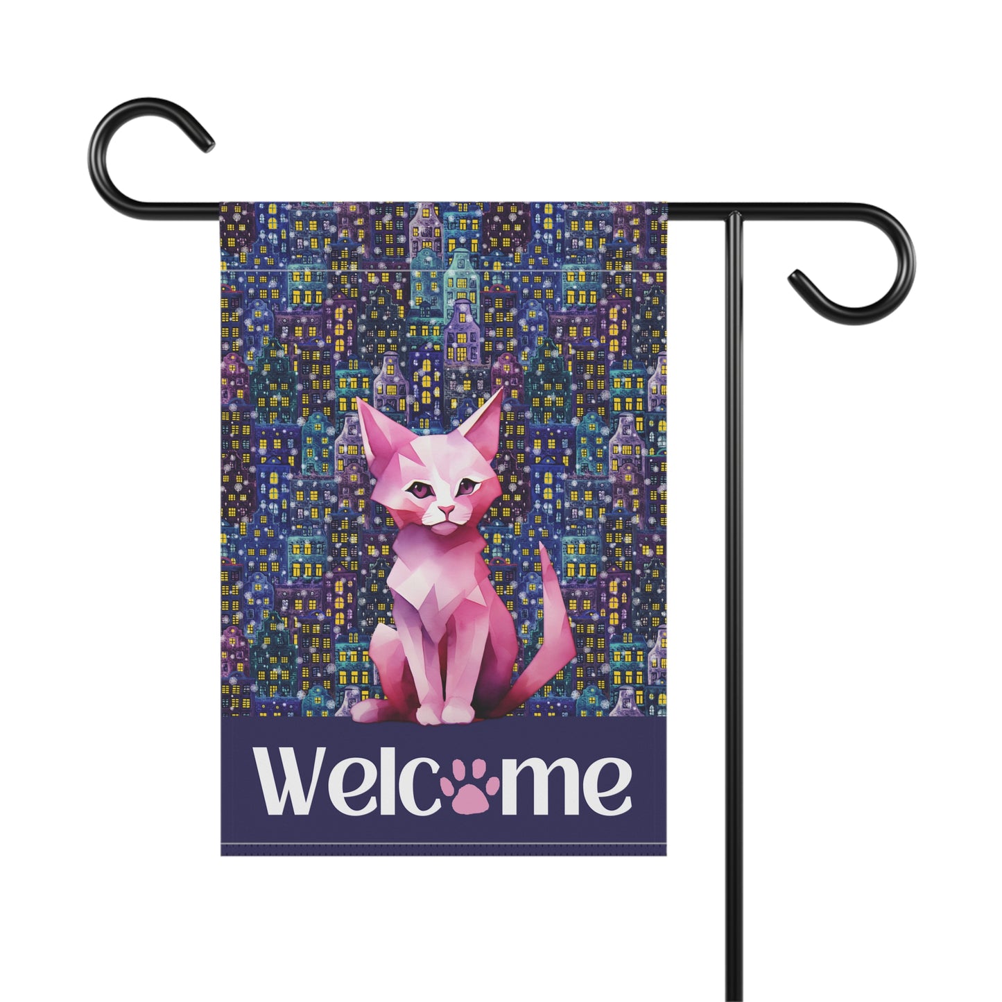 Pink City Cat Welcome 2-Sided Garden & House Flag/Banner