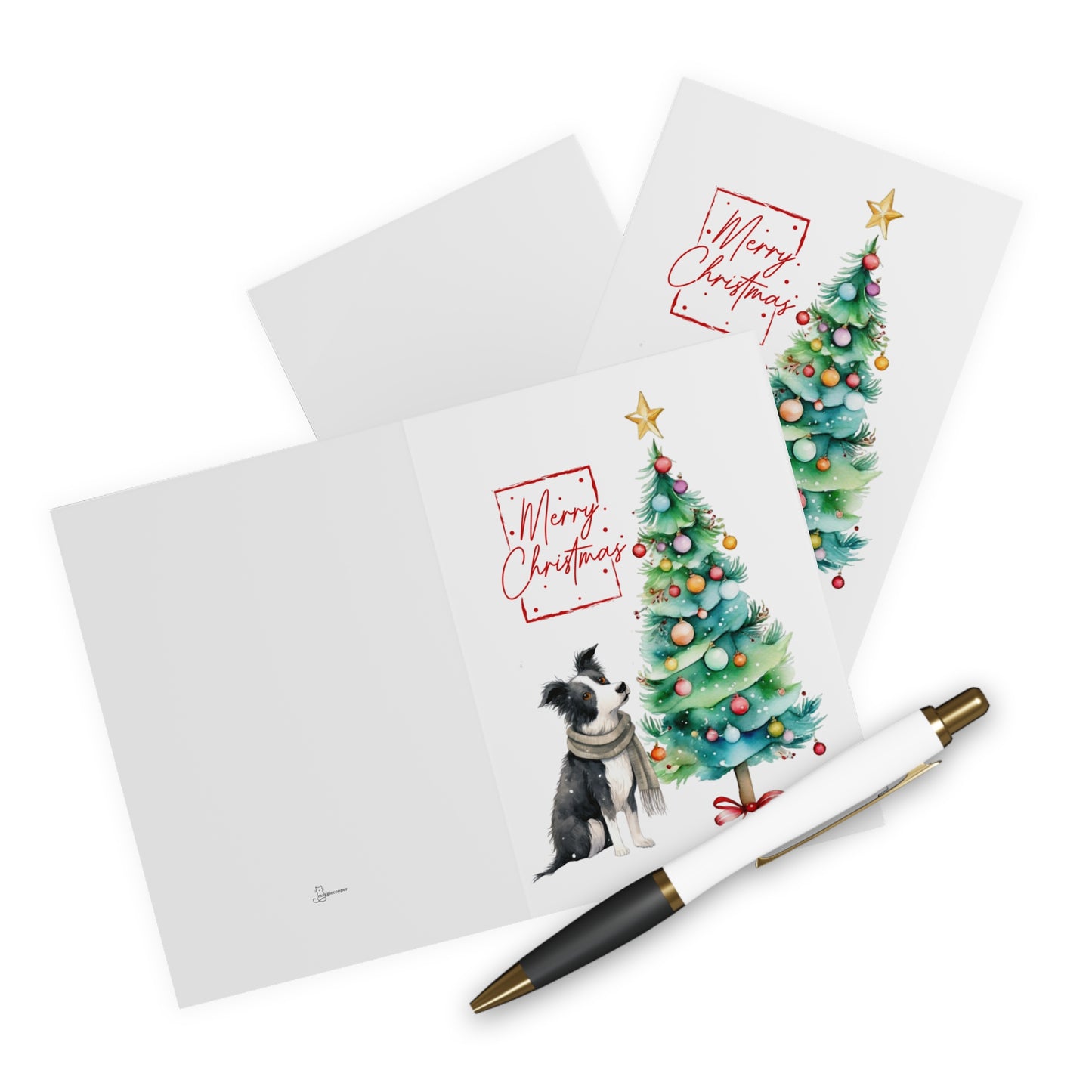 Border Collie Merry Christmas Tree Cards (5 Pack Blank Inside)