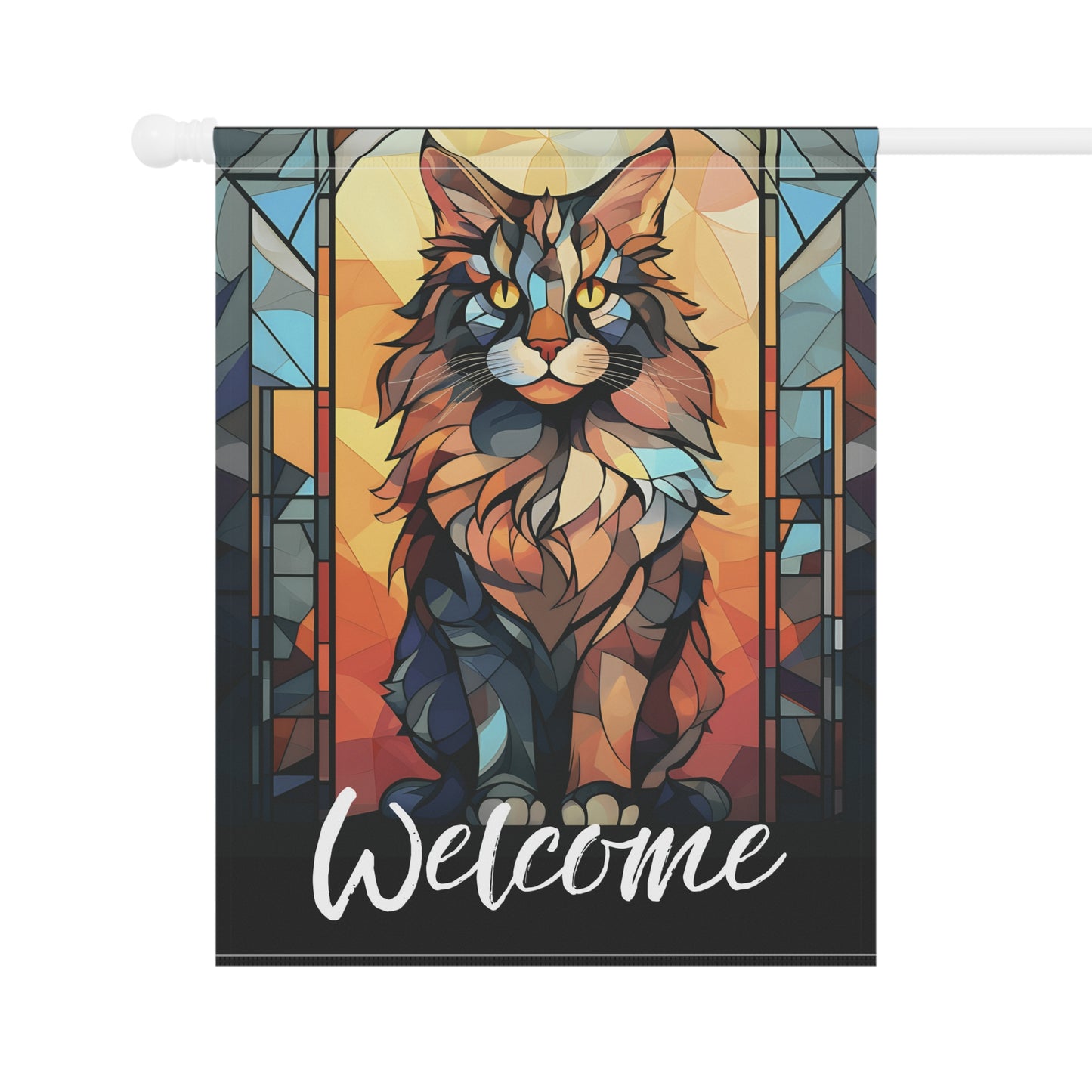 Maine Coon Cat Welcome Stained Glass Look 2-Sided Garden & House Flag/Banner