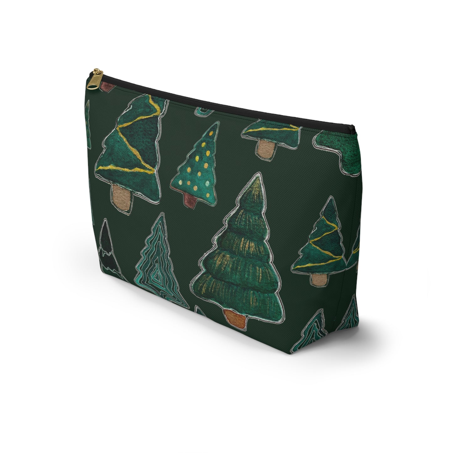 Christmas Tree Cutouts on Green Accessory Pouch w T-bottom