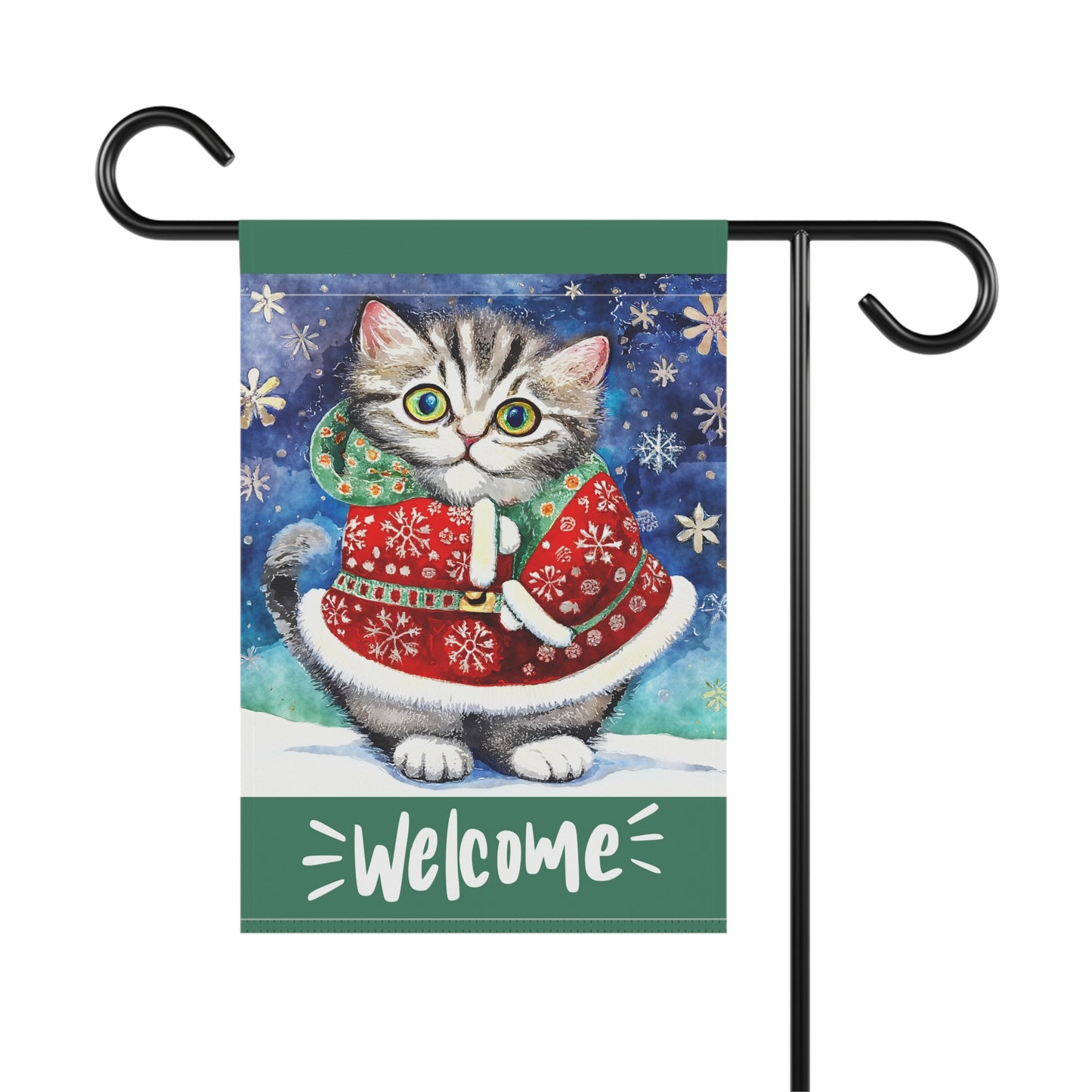 Welcome Whiskers Christmas Cat 2-Sided Garden & House Flag/Banner