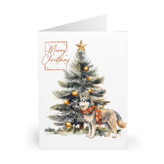 Siberian Husky Merry Christmas Tree Cards (5 Pack Blank Inside)