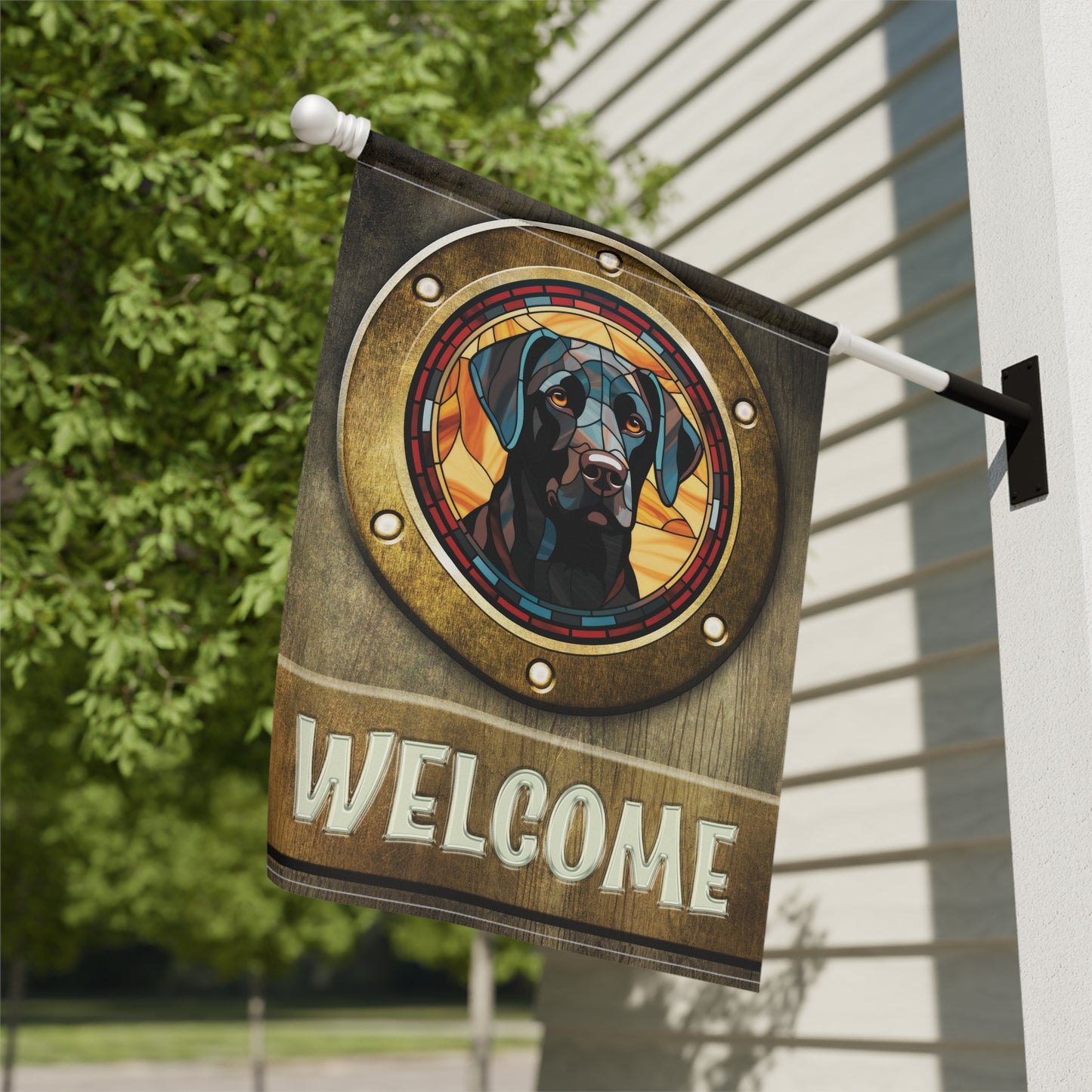 Black Labrador in Port Hole Welcome 2-Sided Garden & House Flag/Banner