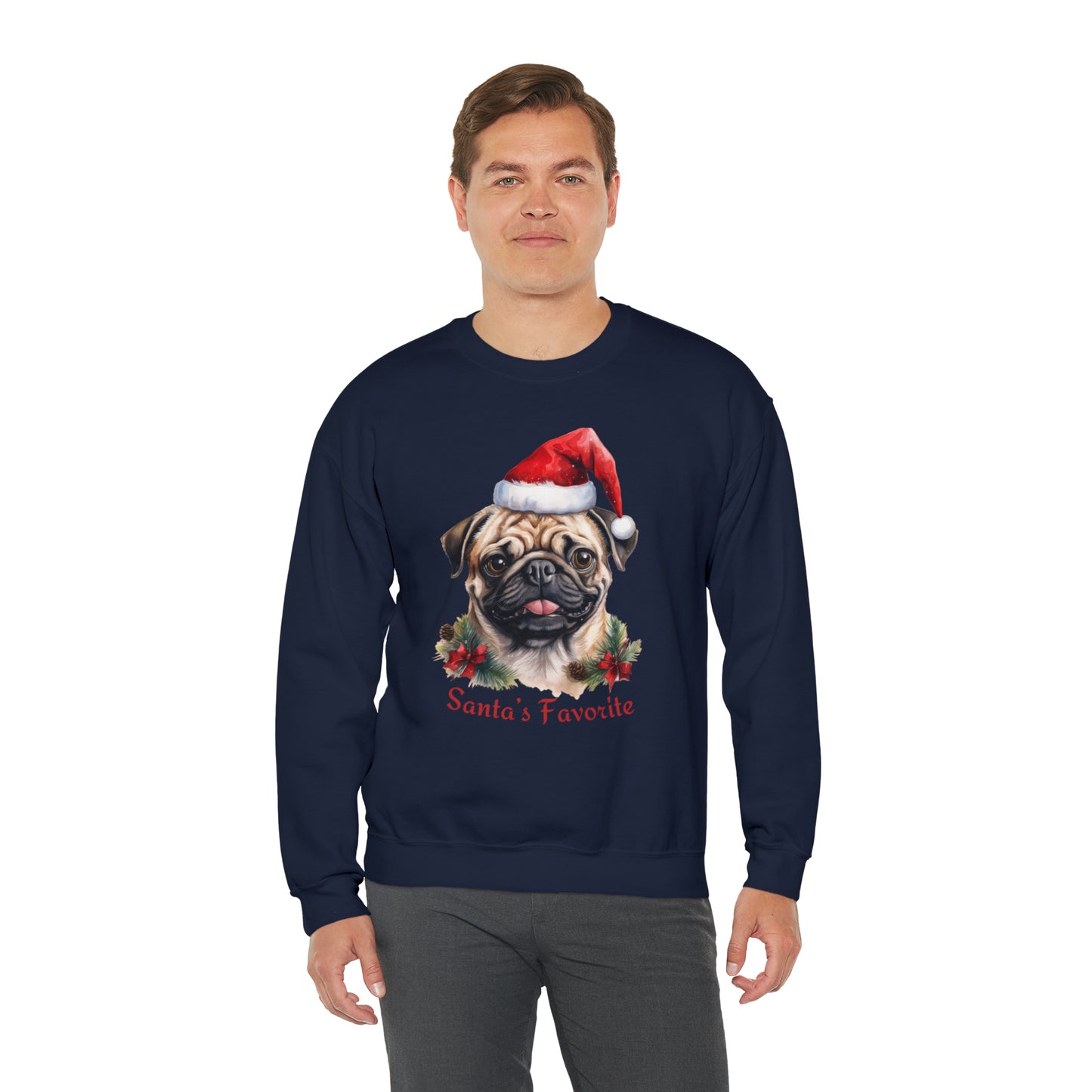 Santa's Favorite Pug in Santa Hat Unisex Heavy Blend™ Crewneck Sweatshirt