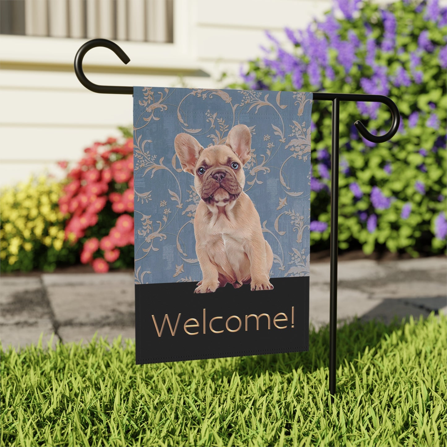 French Bulldog on Blue Welcome 2-Sided Garden & House Flag/Banner