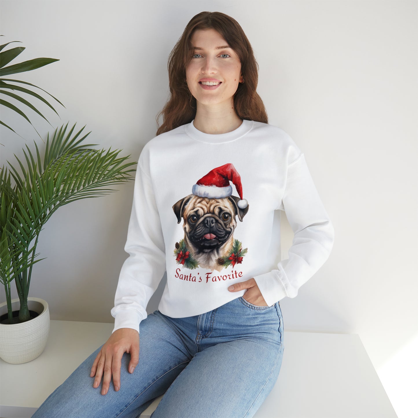 Santa's Favorite Pug in Santa Hat Unisex Heavy Blend™ Crewneck Sweatshirt