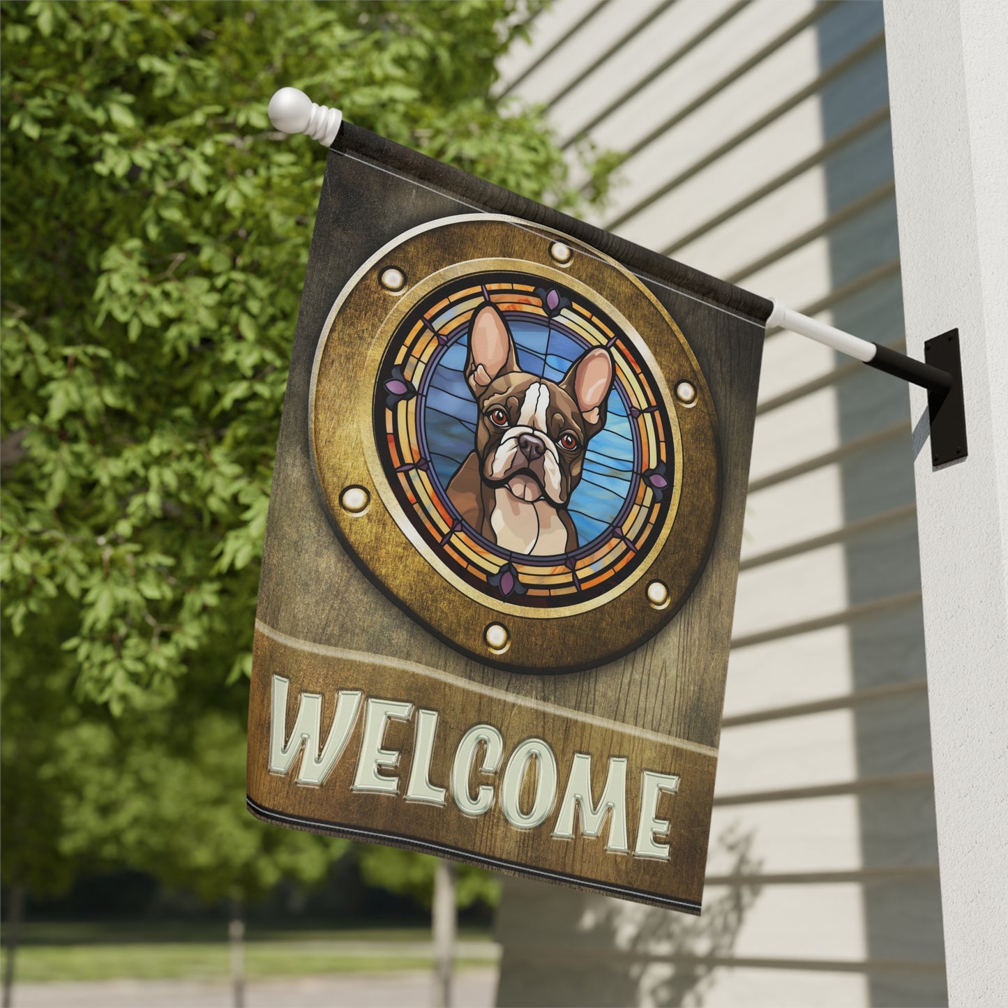 Boston Terrier in Port Hole Welcome 2-Sided Garden & House Flag/Banner