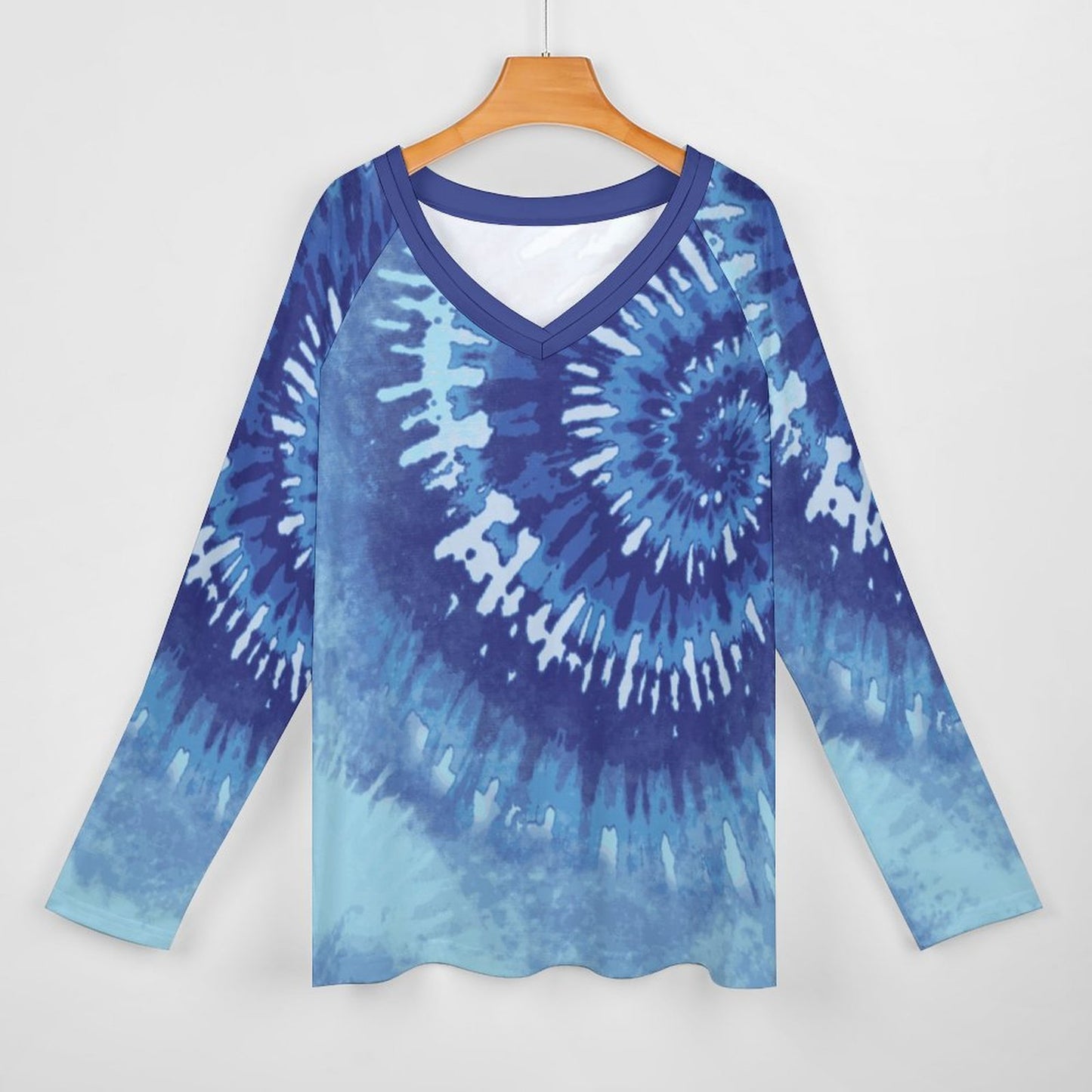 Blue Tie Dye Print V-neck Loose Long Sleeve T-shirt