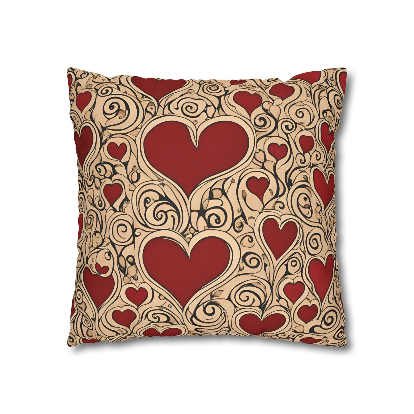 Hearts on Khaki Square Poly Canvas Pillowcase