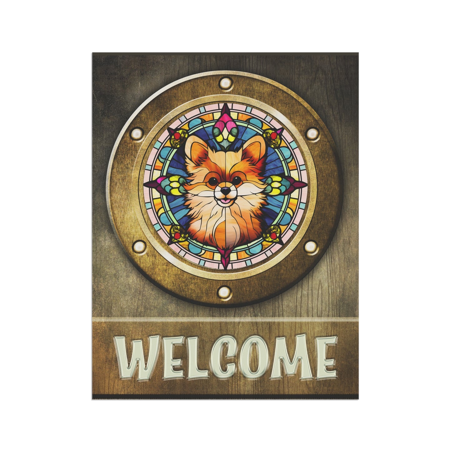 Pomeranian in Port Hole Welcome 2-Sided Garden & House Flag/Banner