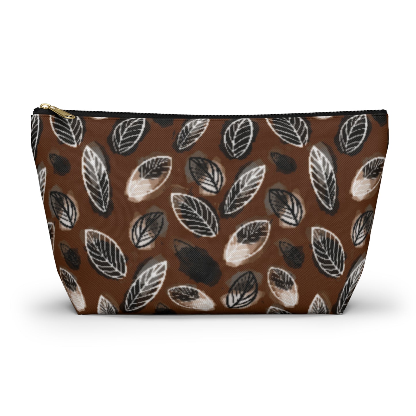 Gertie Black & Cream Abstract Leaves on Brown Makeup Zipper Accessory Pouch w T-bottom