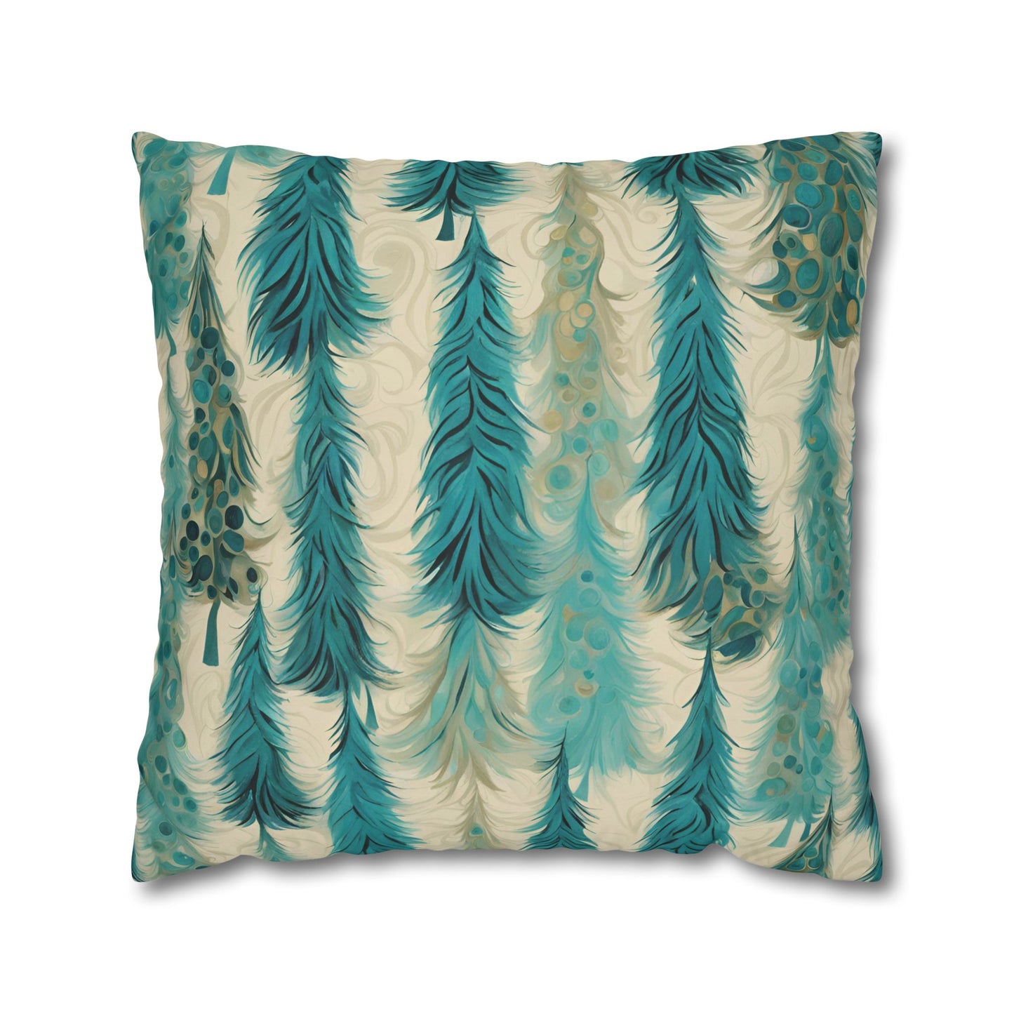 Teal Christmas Trees Square Poly Canvas Pillowcase