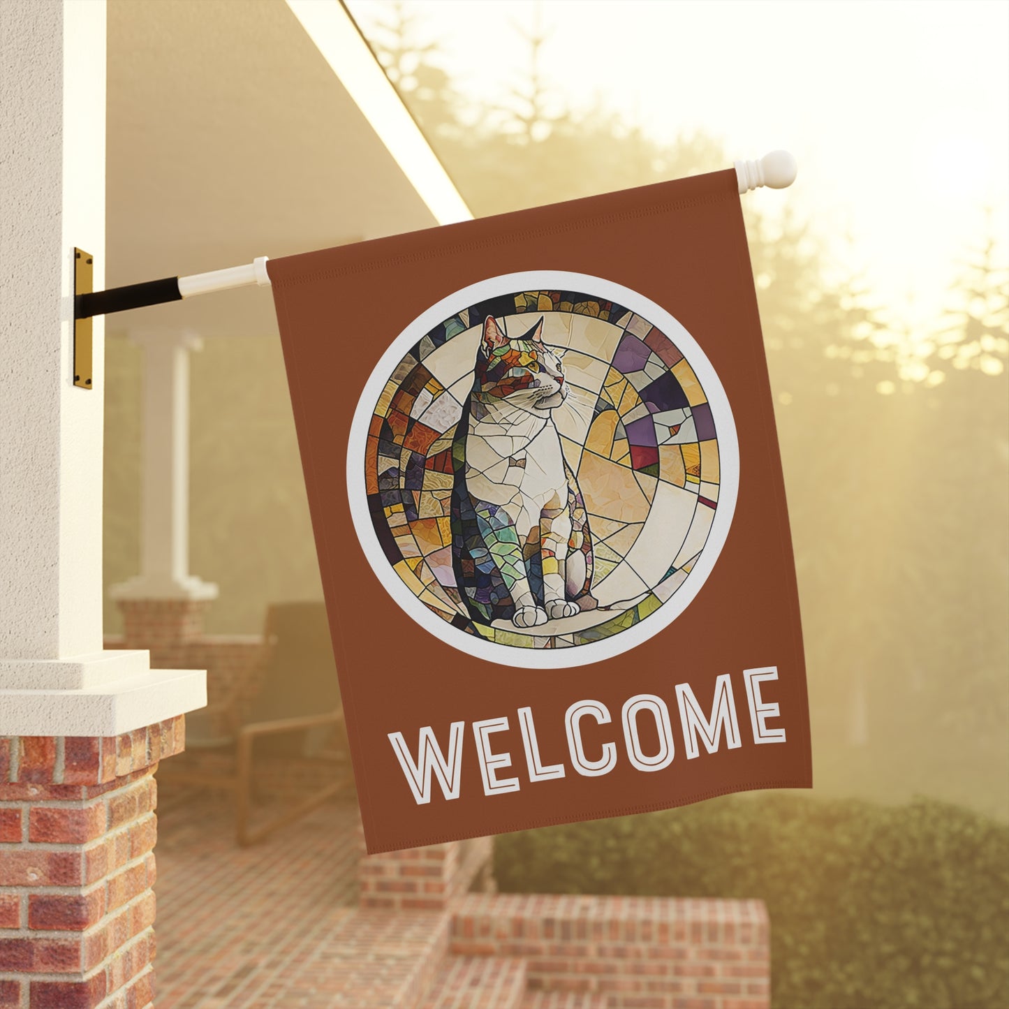 Abstract Stained Glass Cat Welcome 2-Sided Garden & House Flag/Banner