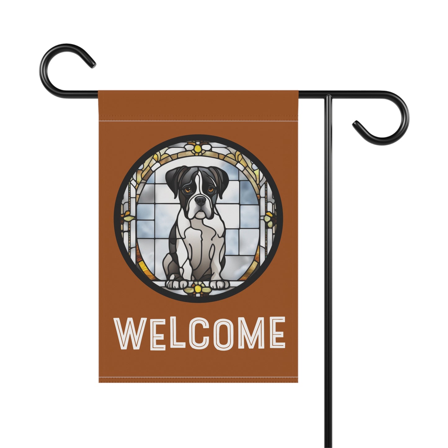 Black & White Boxer Sitting Welcome Stained Glass Look 2-Sided Garden & House Flag/Banner