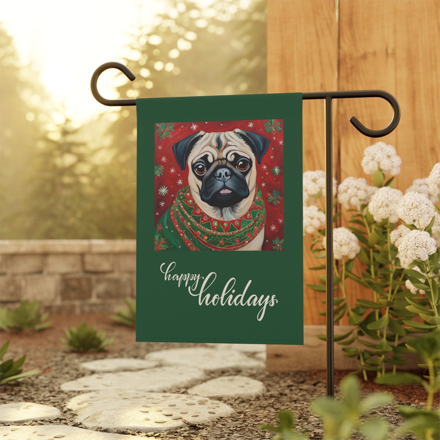 Pug Happy Holidays 2-Sided Garden & House Flag/Banner