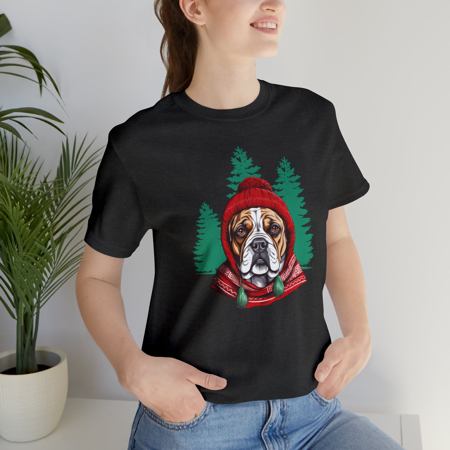 Bulldog In Stocking Hat & Scarf Winter Unisex Jersey Short Sleeve Tee