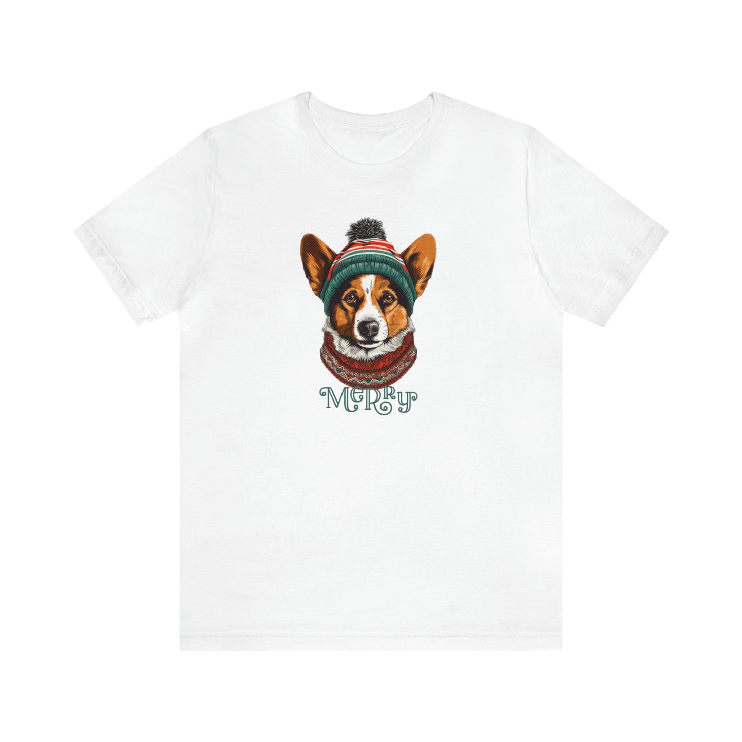 Merry Corgi in Hat & Scarf Unisex Jersey Short Sleeve Tee