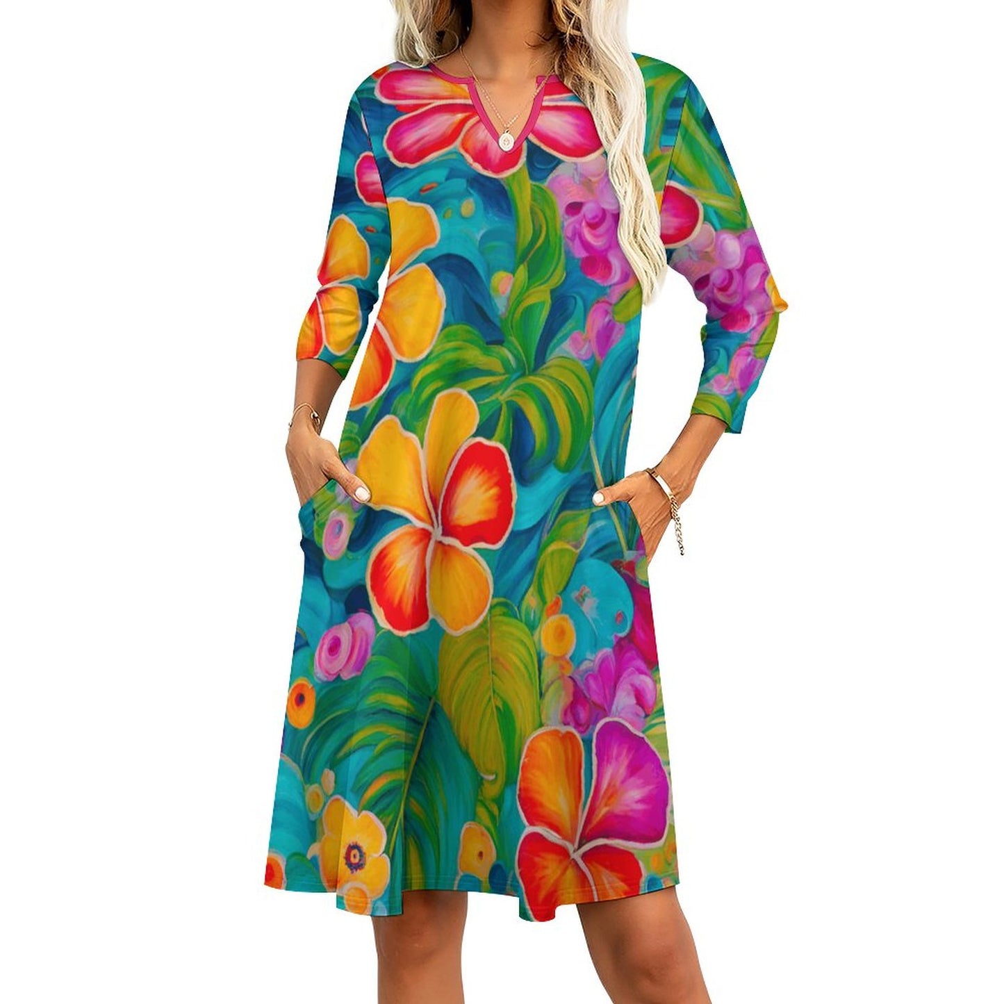 Aloha V-neck 3/4 Sleeve Dress with Pockets