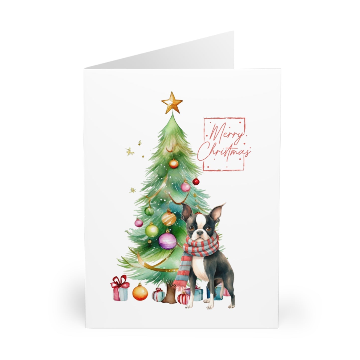 Boston Terrier Merry Christmas Tree Cards (5 Pack Blank Inside)