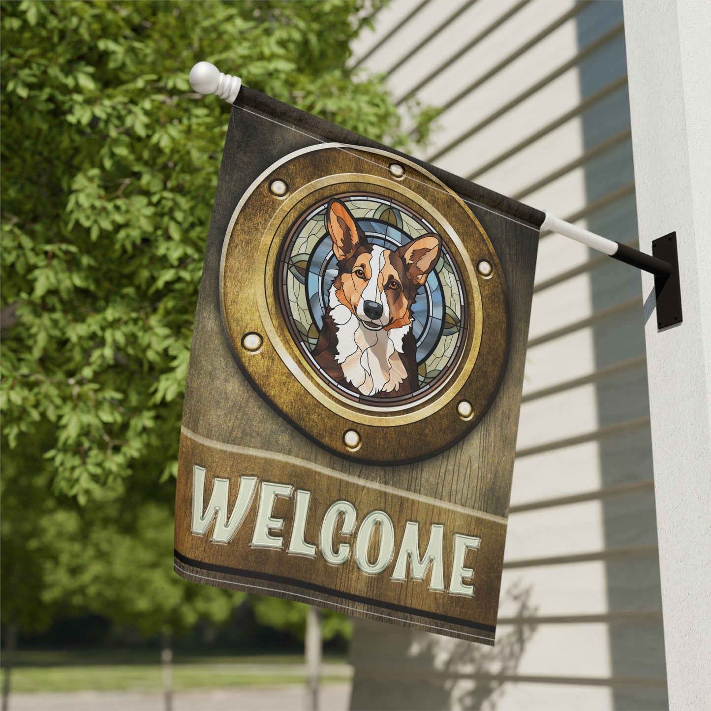 Corgi in Port Hole Welcome 2-Sided Garden & House Flag/Banner