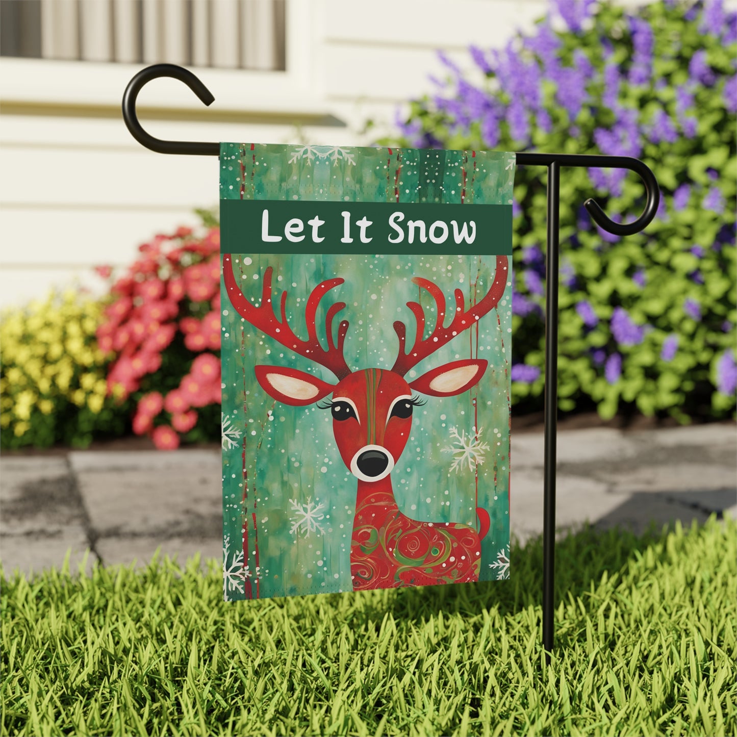 Red Reindeer Let it Snow 2-Sided Garden & House Flag/Banner