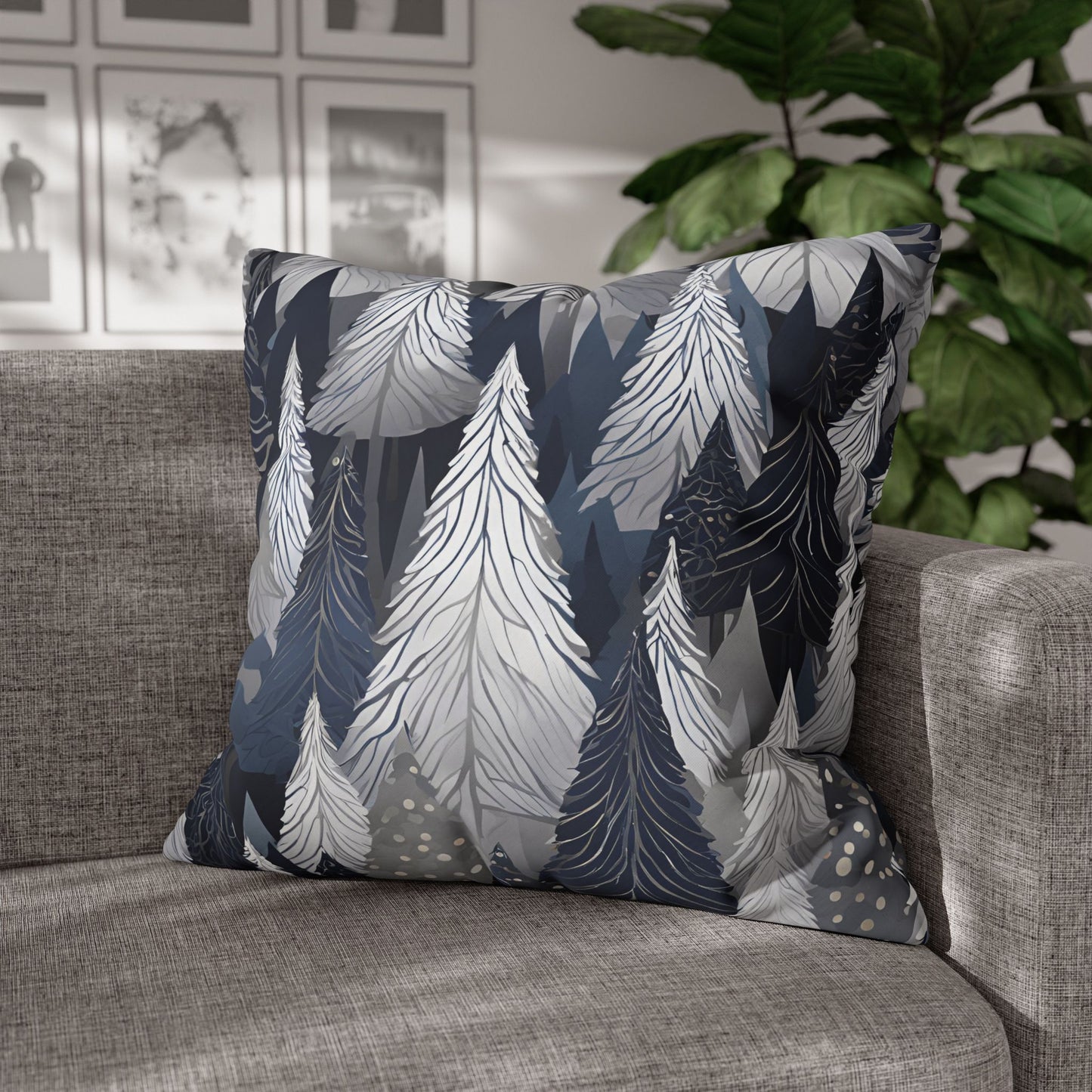 Navy Modern Trees Square Poly Canvas Pillowcase