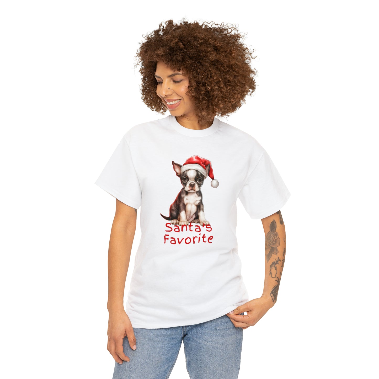 Santa's Favorite Boston Terrier Pup Unisex Heavy Cotton Tee