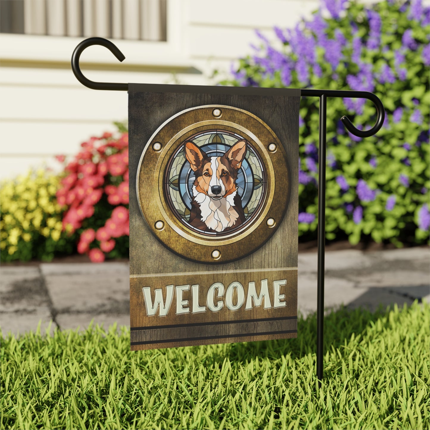 Corgi in Port Hole Welcome 2-Sided Garden & House Flag/Banner