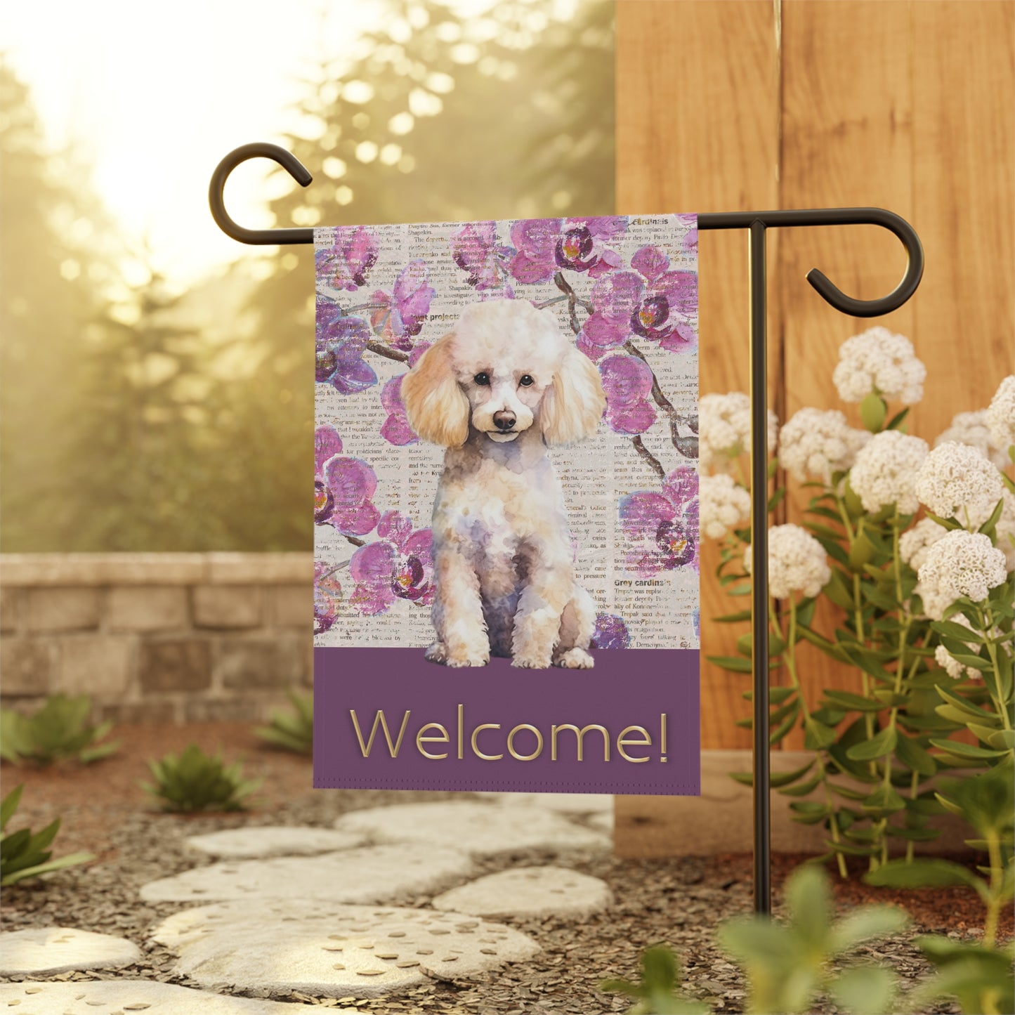 Poodle Welcome Purple Flowers 2-Sided Garden & House Flag/Banner