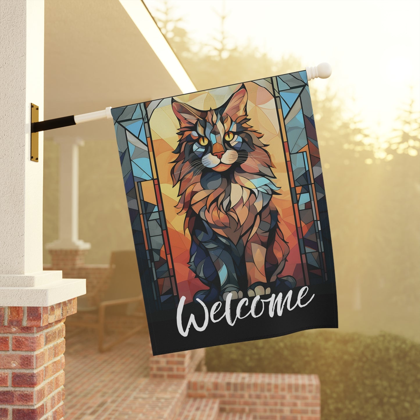 Maine Coon Cat Welcome Stained Glass Look 2-Sided Garden & House Flag/Banner