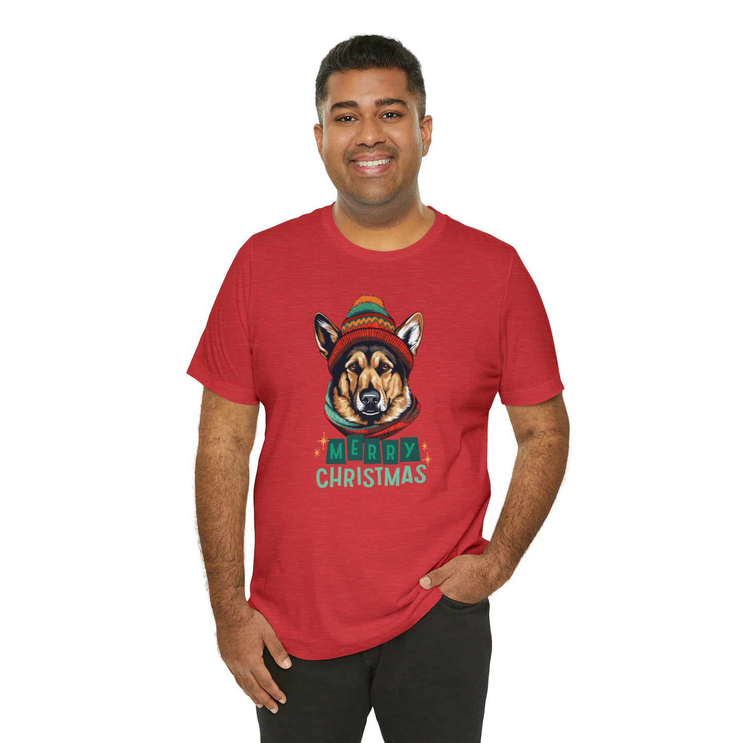 German Shepherd in Hat & Scarf Merry Christmas Unisex Jersey Short Sleeve Tee