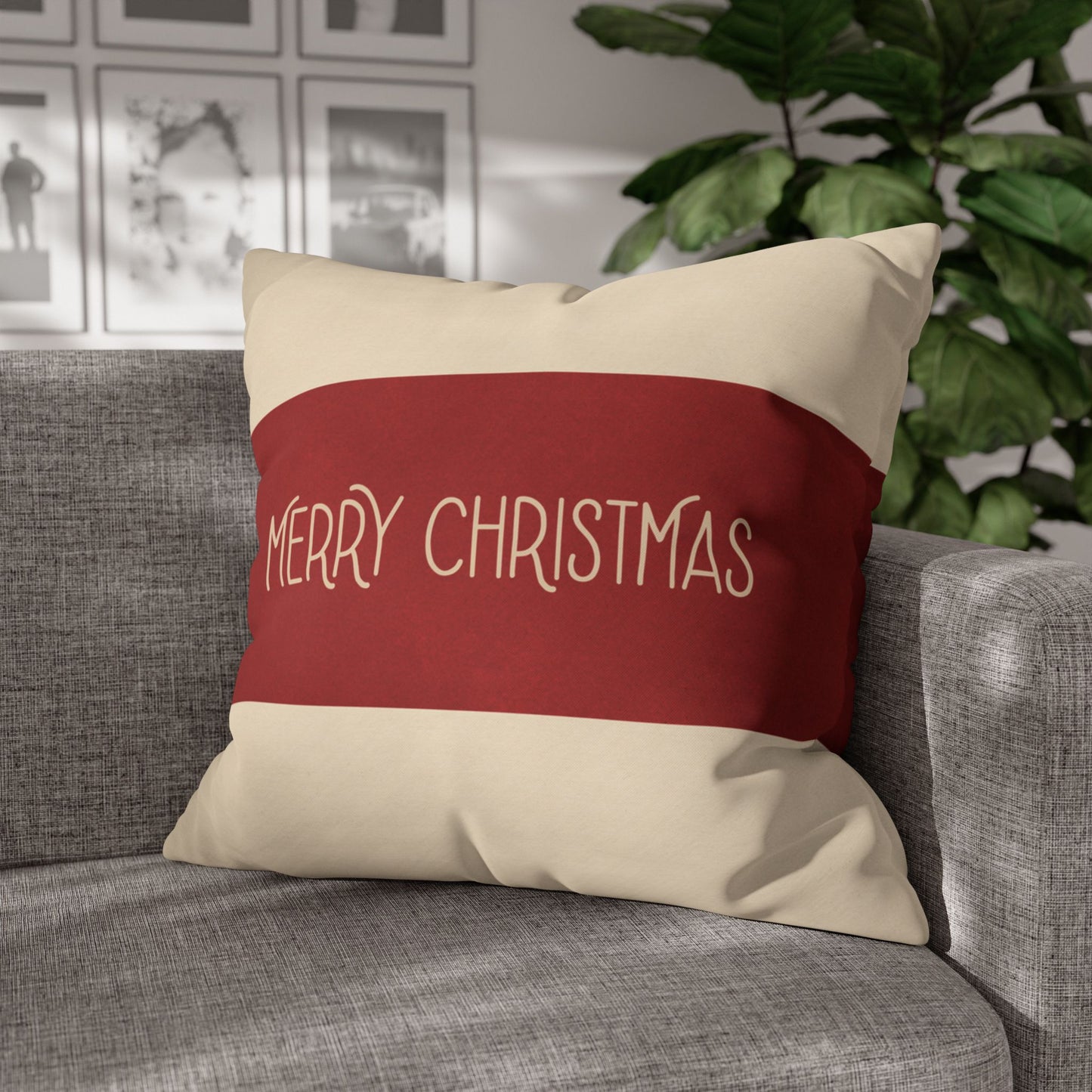 Merry Christmas Red & Cream Square Poly Canvas Pillowcase