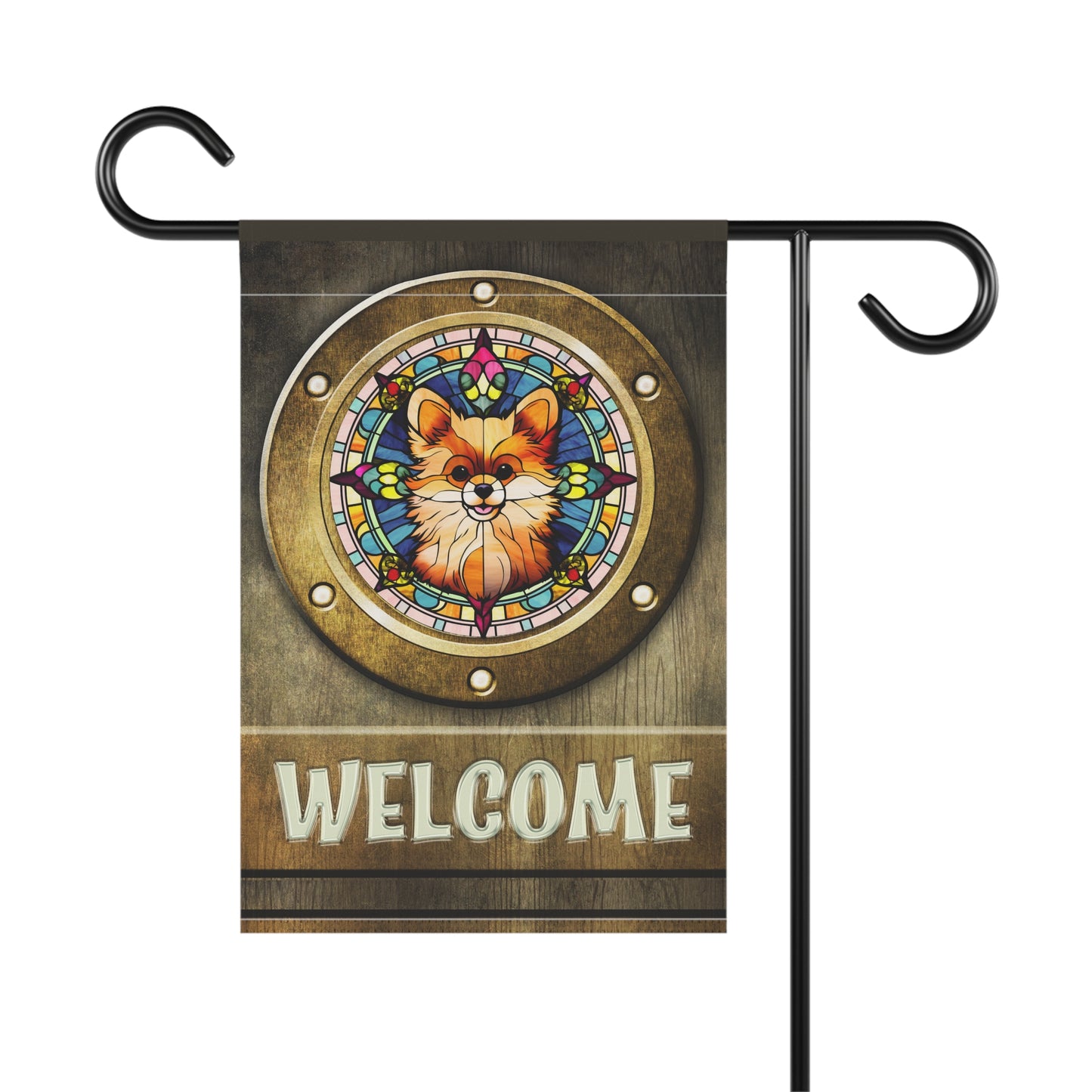 Pomeranian in Port Hole Welcome 2-Sided Garden & House Flag/Banner