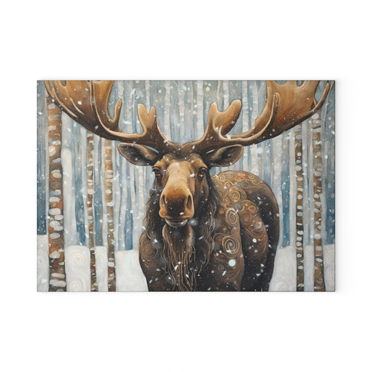 Mountain Forest Snowy Moose Tempered Glass Cutting Board