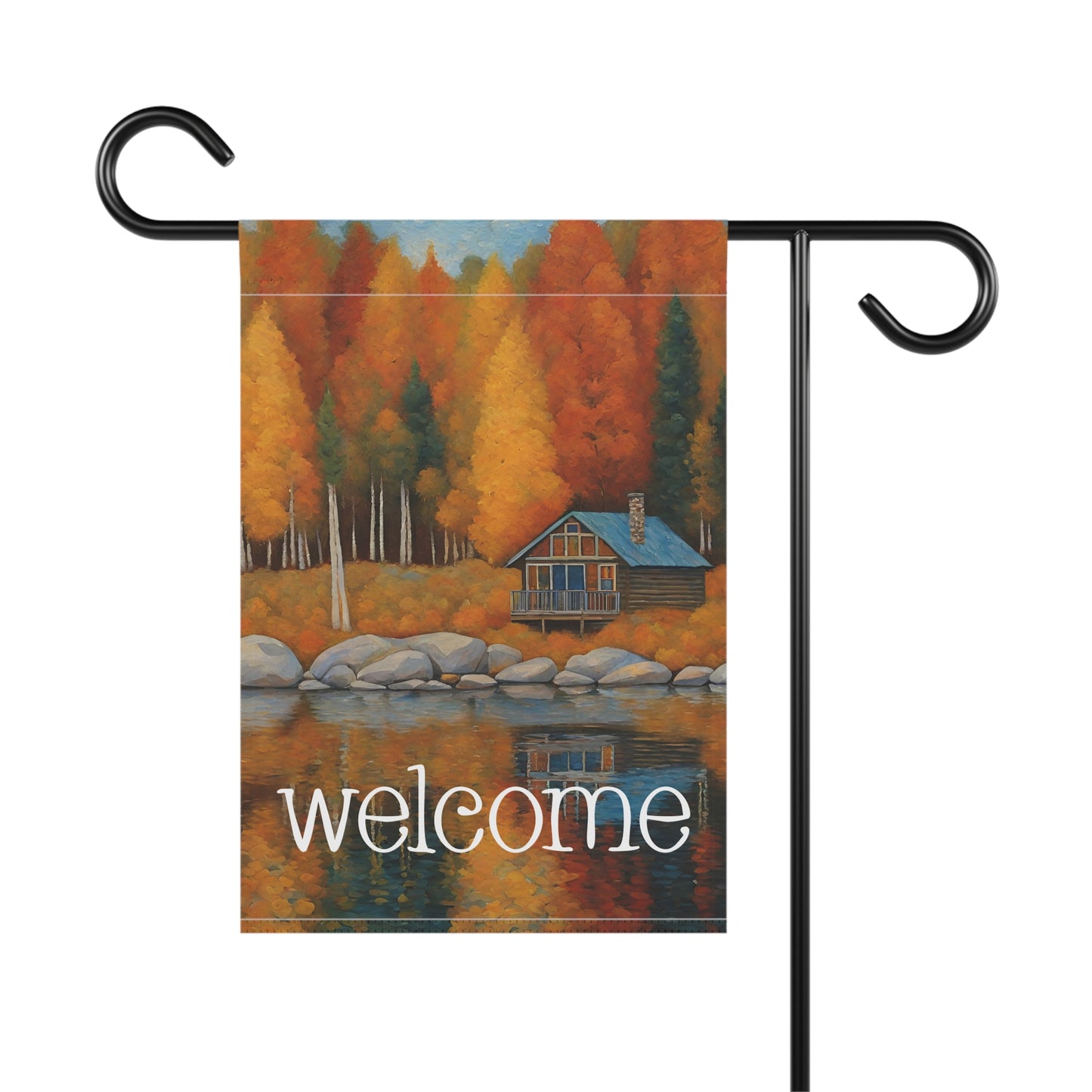 Lakeside Cabin in Fall Welcome 2-Sided Garden & House Flag/Banner