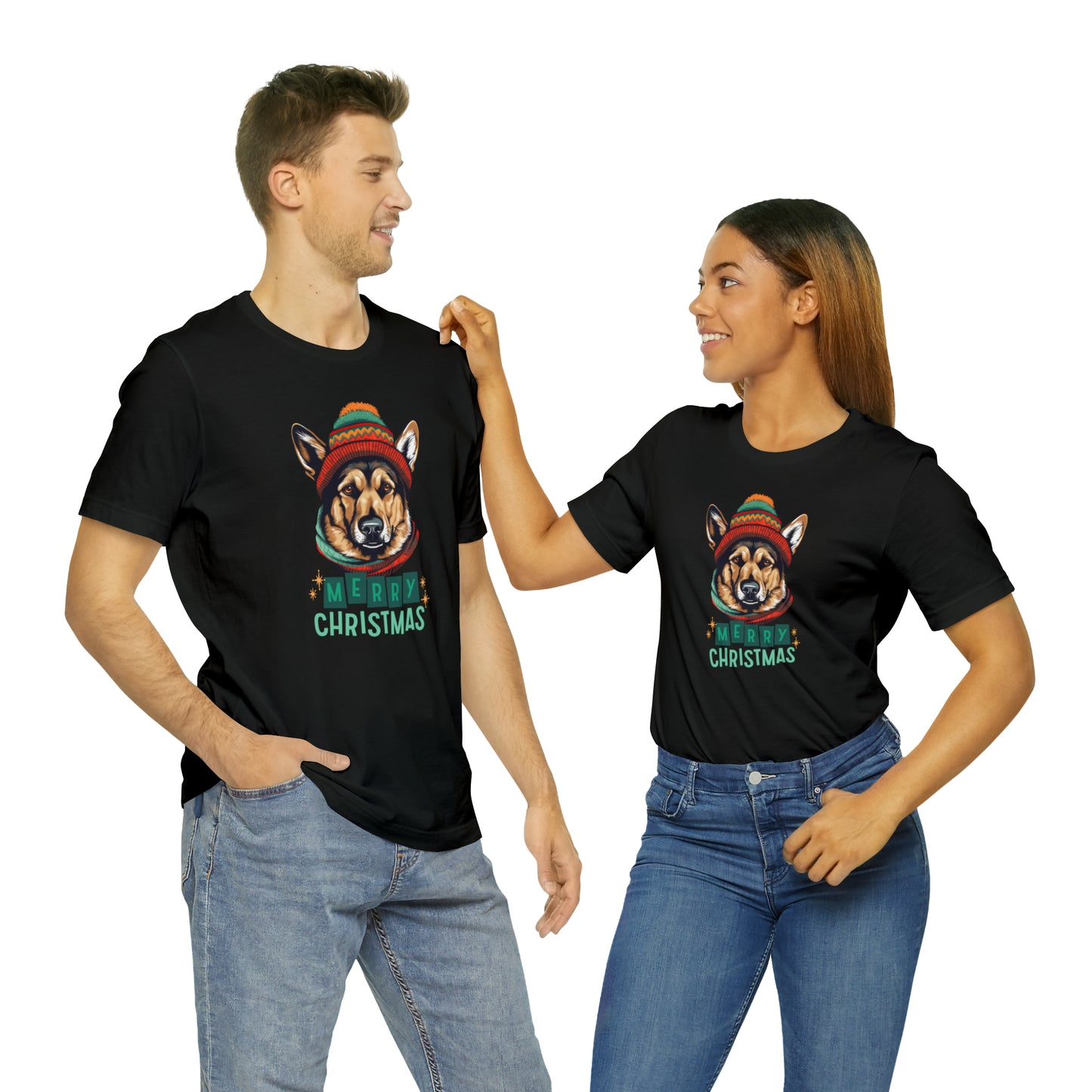 German Shepherd in Hat & Scarf Merry Christmas Unisex Jersey Short Sleeve Tee