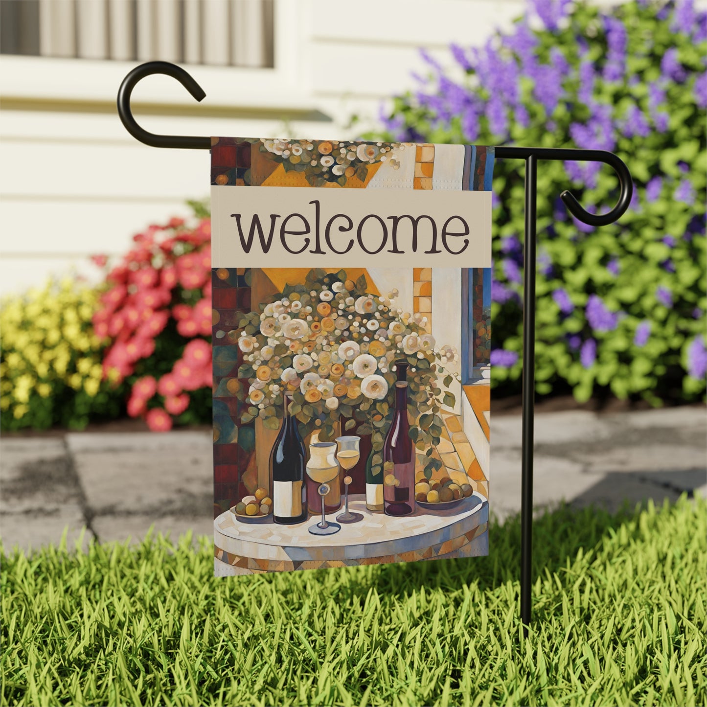 Wine on the Patio Welcome 2-Sided Garden & House Flag/Banner