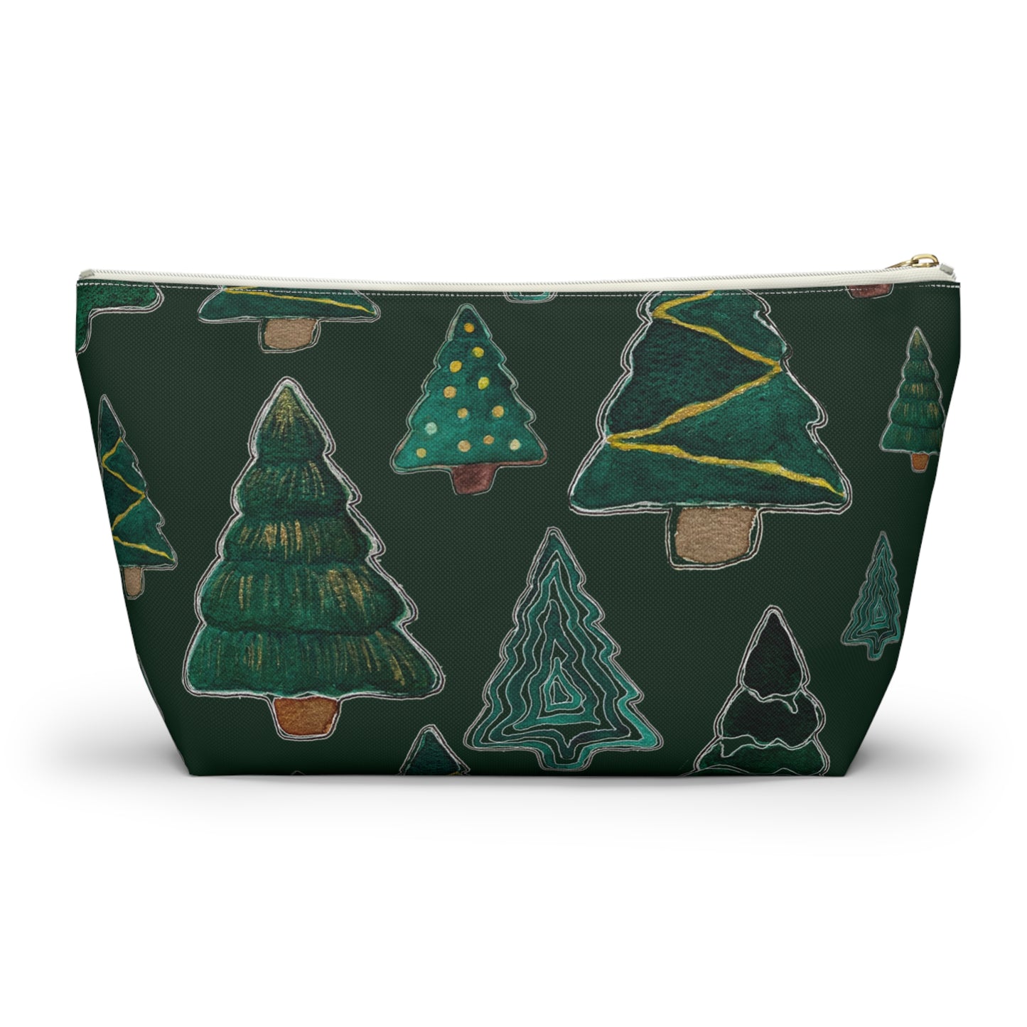 Christmas Tree Cutouts on Green Accessory Pouch w T-bottom