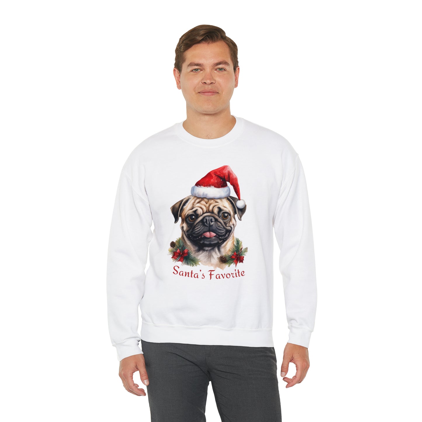 Santa's Favorite Pug in Santa Hat Unisex Heavy Blend™ Crewneck Sweatshirt