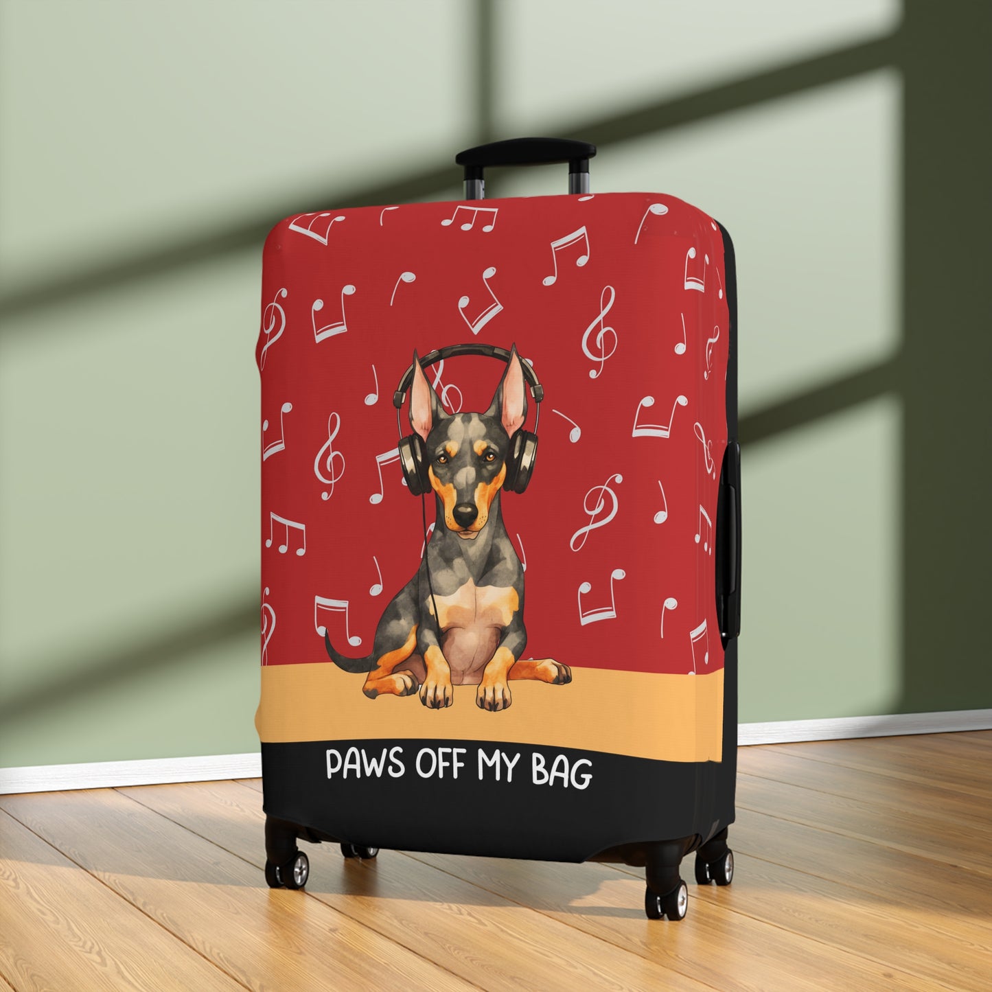 Doberman Pinscher in Headphones Paws Off My Bag Luggage Cover